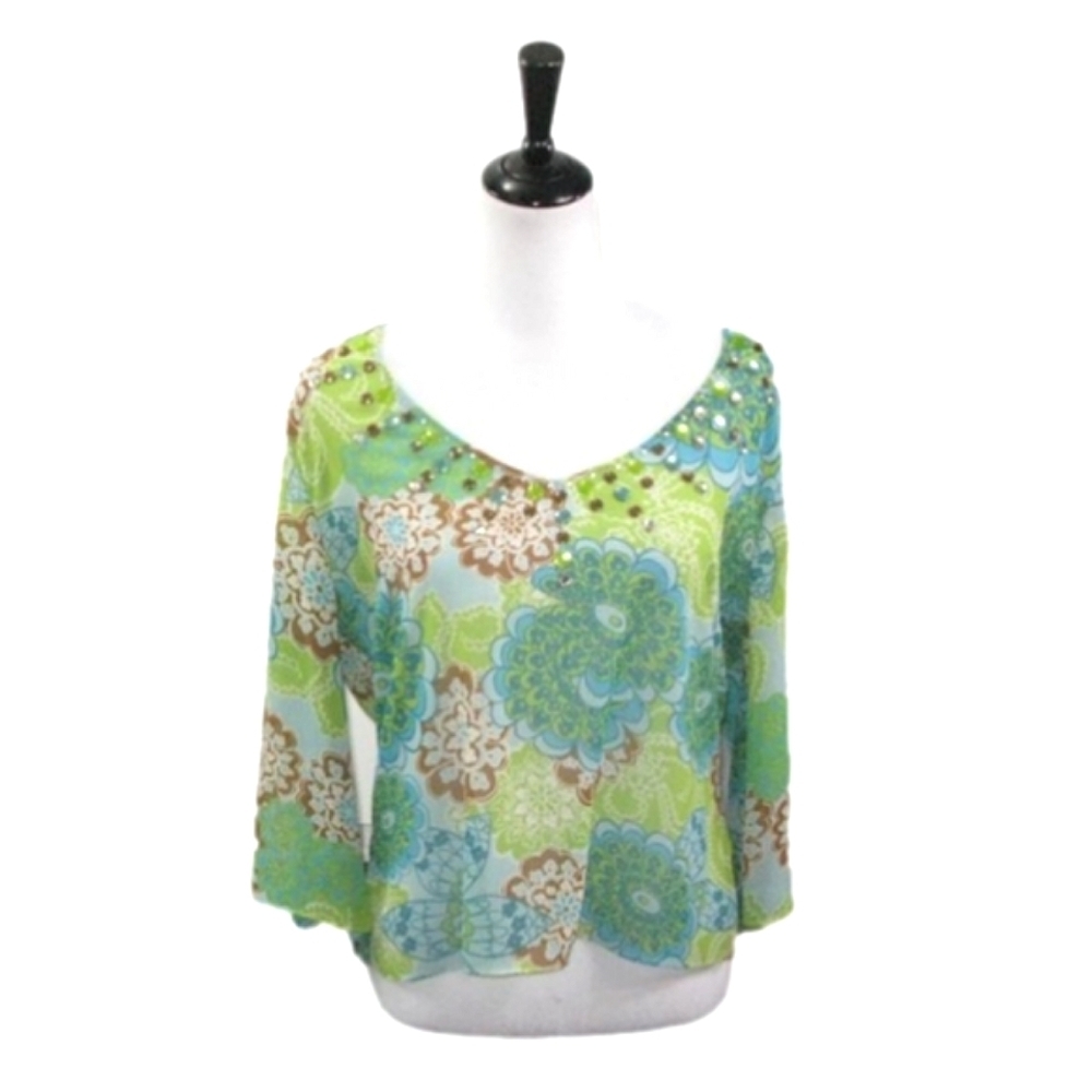 Daisy Fuentes Light Green/Brown Floral Semi-Sheer Beaded Blouse Size Large